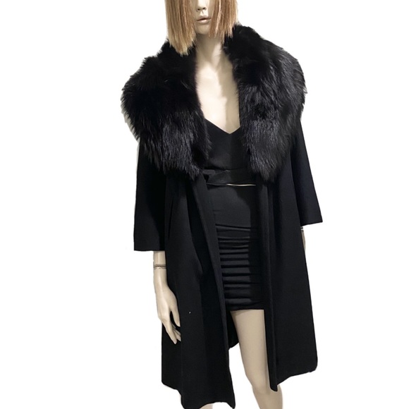 Vintage CAPELLA A Luxurious Fabric Fur Collar Black Open front Long Coat - Picture 4 of 12